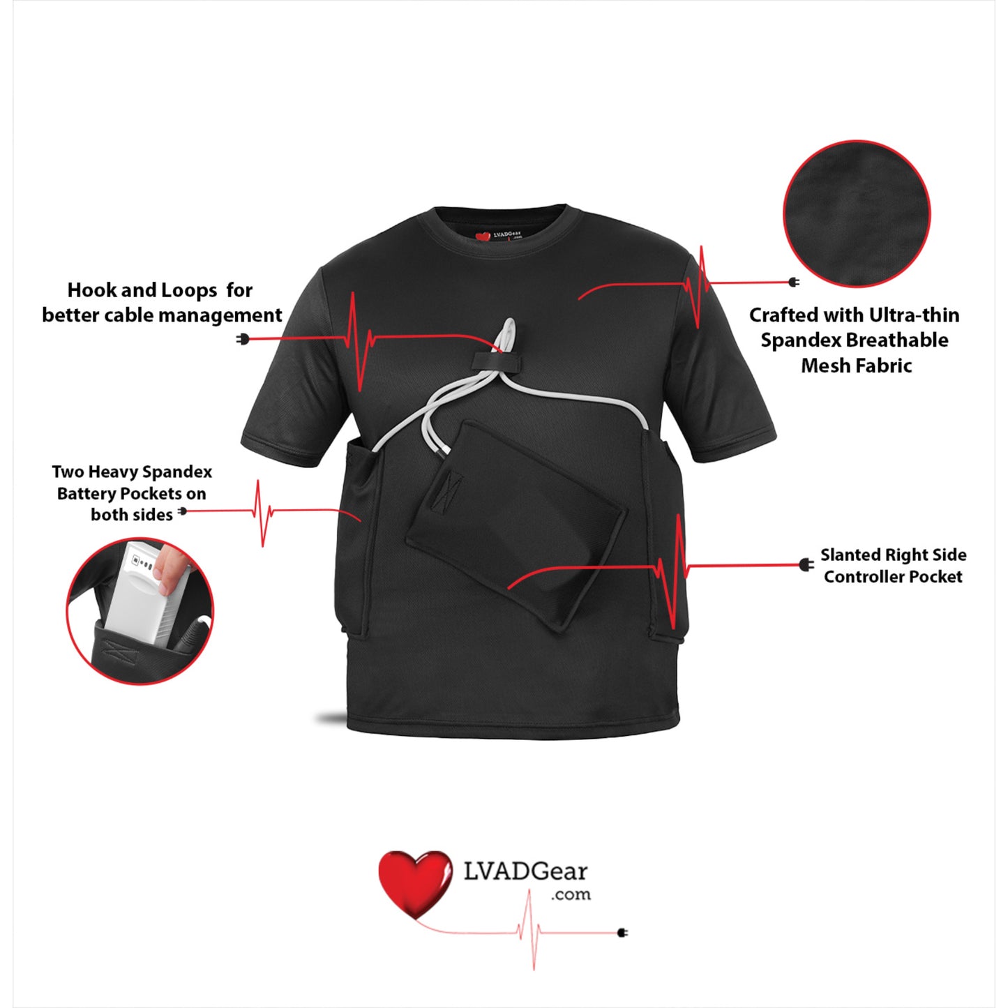 LVAD HeartMate Men’s Shirt with Slanted Controller Pocket – Black