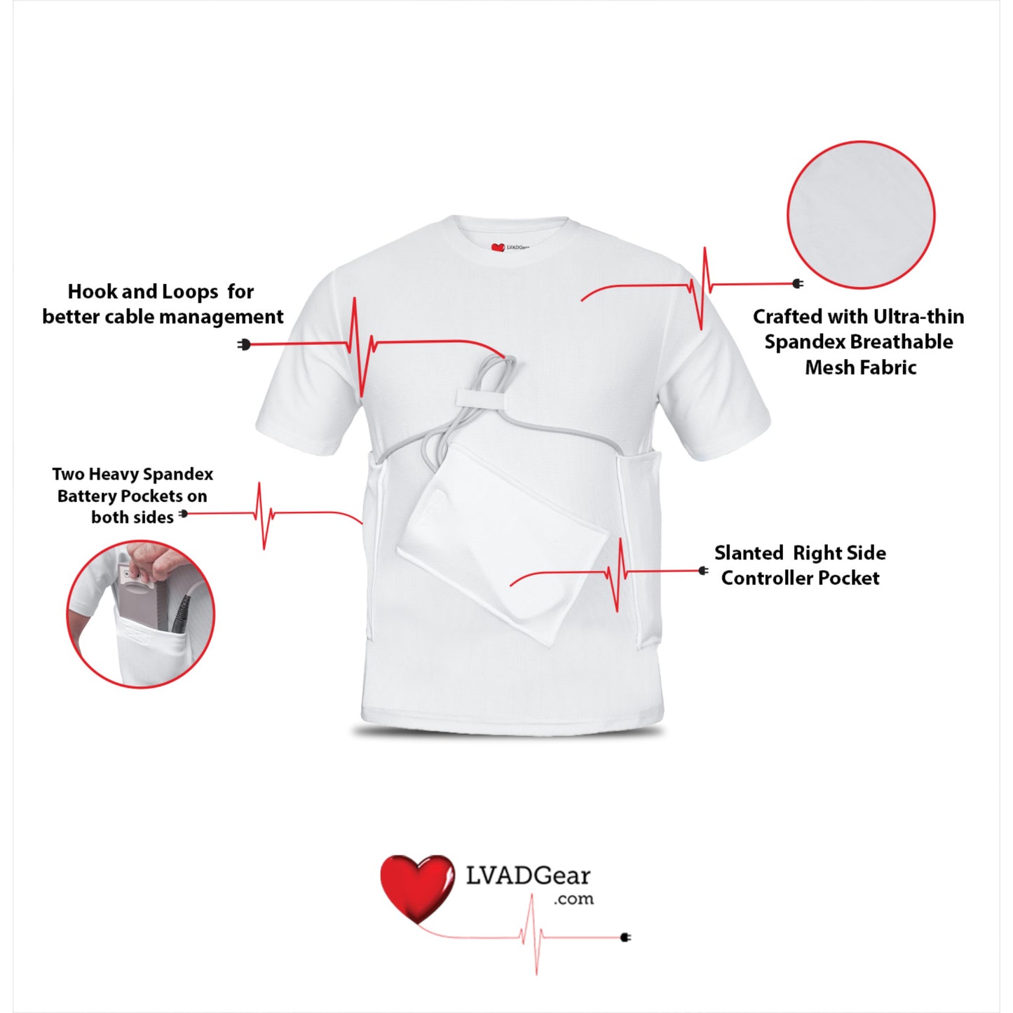 LVAD HeartMate Men’s Shirt with Slanted Controller Pocket – White