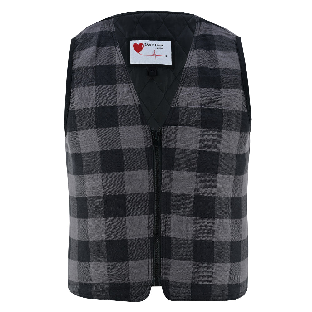 Gray and black plaid men's LVAD flannel vest with interior controller and battery pockets