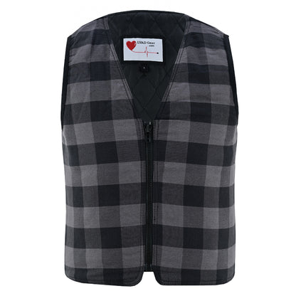 Gray and black plaid men's LVAD flannel vest with interior controller and battery pockets