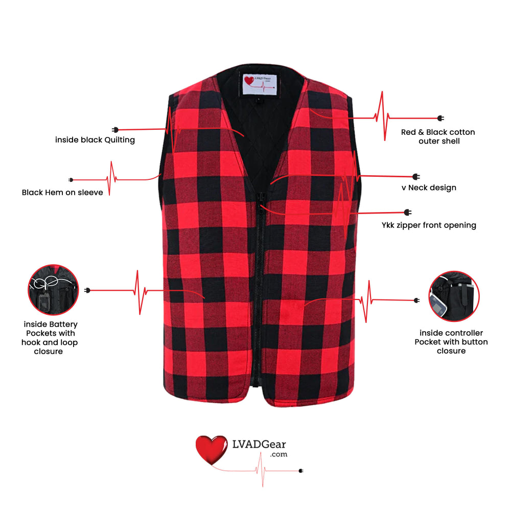 LVAD Heartmate Unisex Red & Black Flannel Vest - LVAD Gear