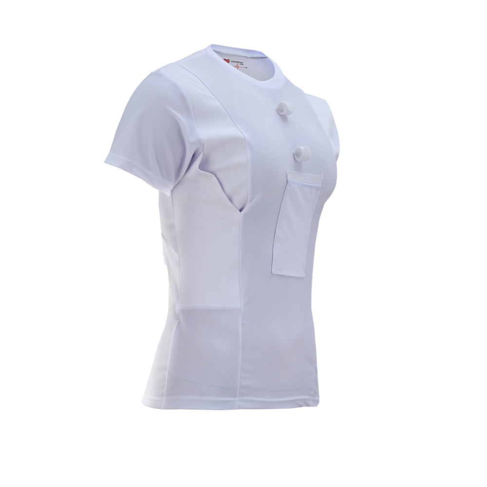 White LVAD HeartMate women’s shirt designed for comfort and controller storage