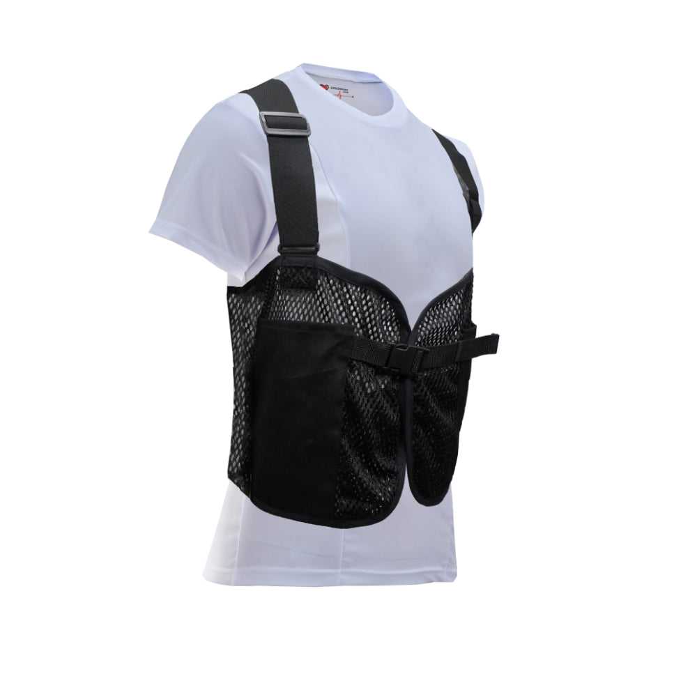 Black LVAD mesh vest with inside controller and battery pockets, breathable design