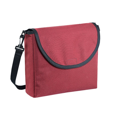 Wine canvas LVAD messenger bag with elastic battery holders, controller pocket, durable material, and quick-release strap.