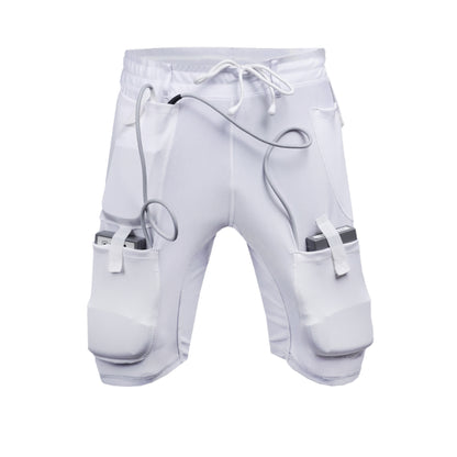 Unisex White LVAD Medical Shorts with spandex fabric, secure battery pockets, and discreet fit for both HeartMate 2 & 3.